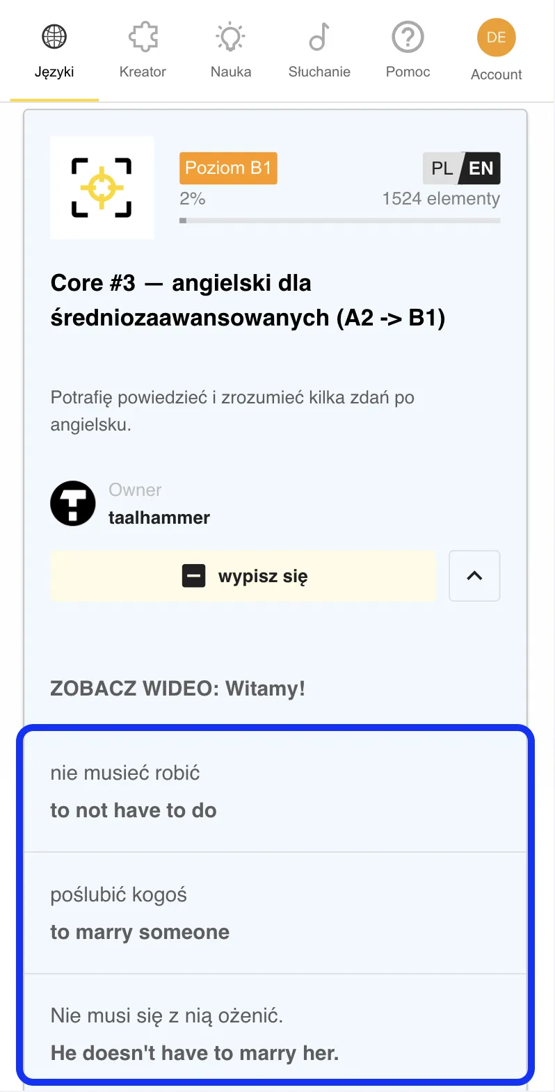 Aplikacja Taalhammer - widok kolekcji Core'owej wi katalogu kolekcji