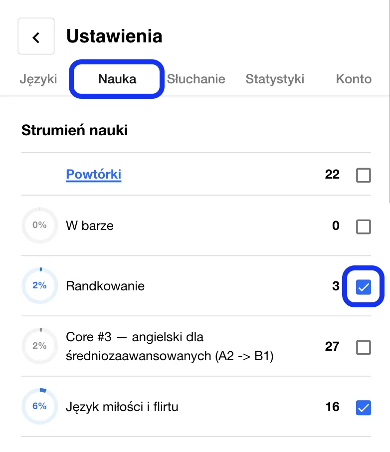 Aplikacja Taalhammer - bieżące ustawienia strumienia nauki