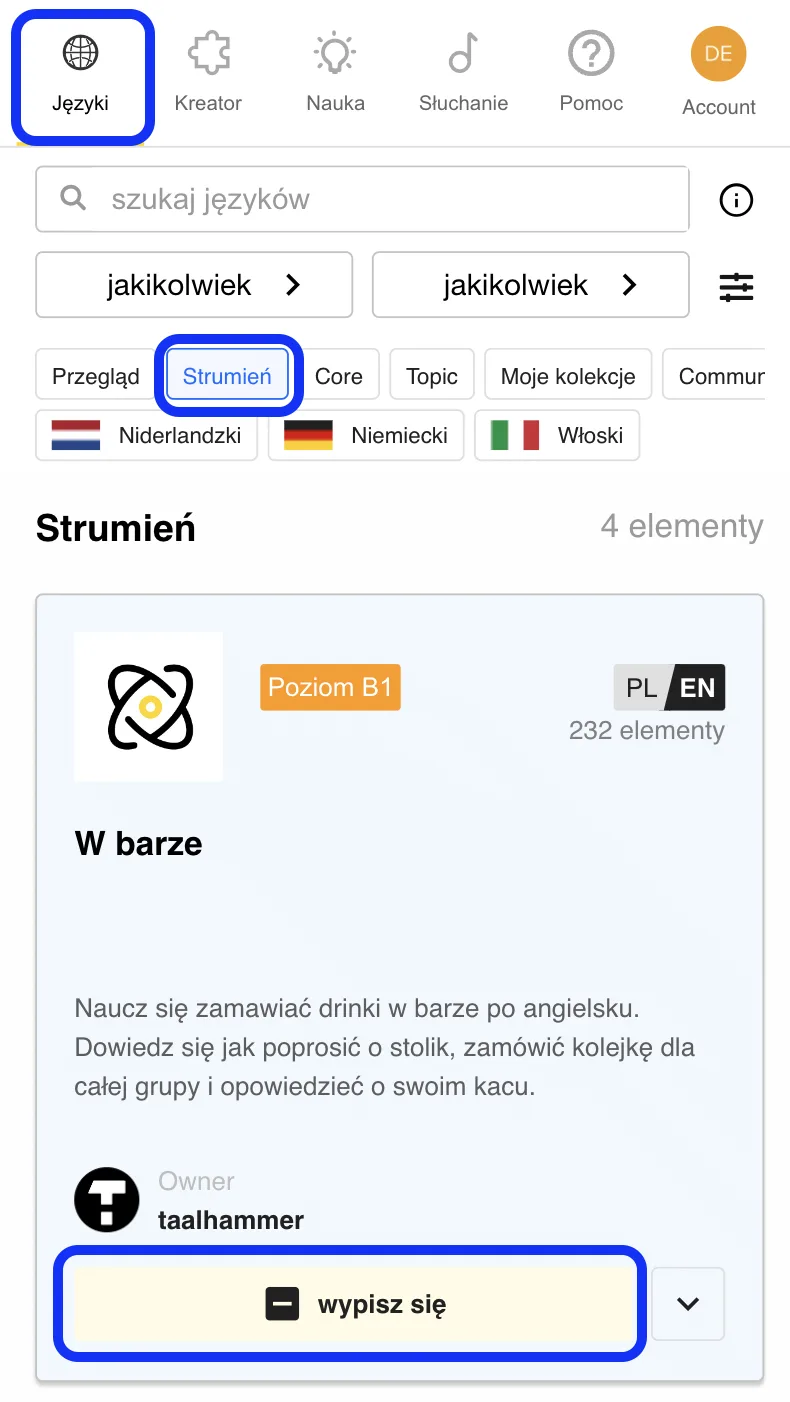 Aplikacja Taalhammer - widok wyboru kolekcji - podkreślone przyciski 