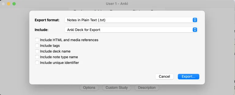 Anki's export dialog: Notes in Plain Text, a deck selector, and the five include checkboxes, all unchecked
