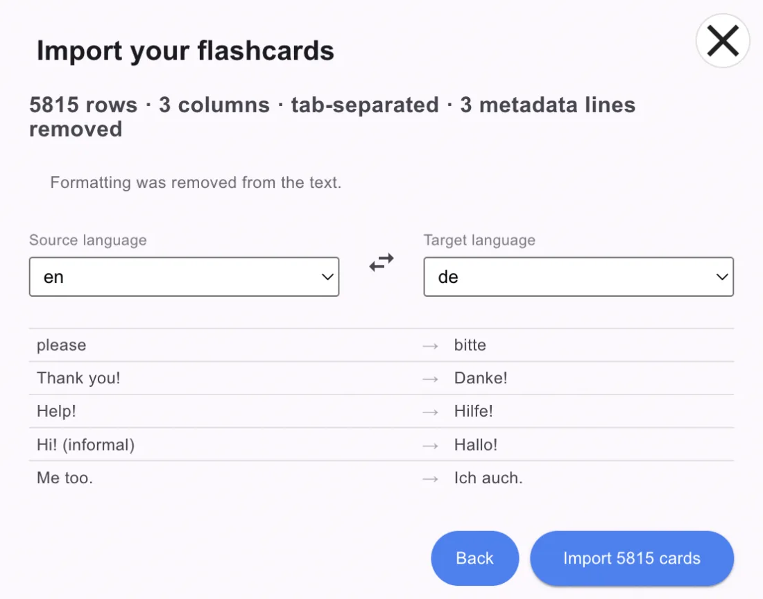 The confirmation step: row and column counts, separator, source and target language, and five example rows
