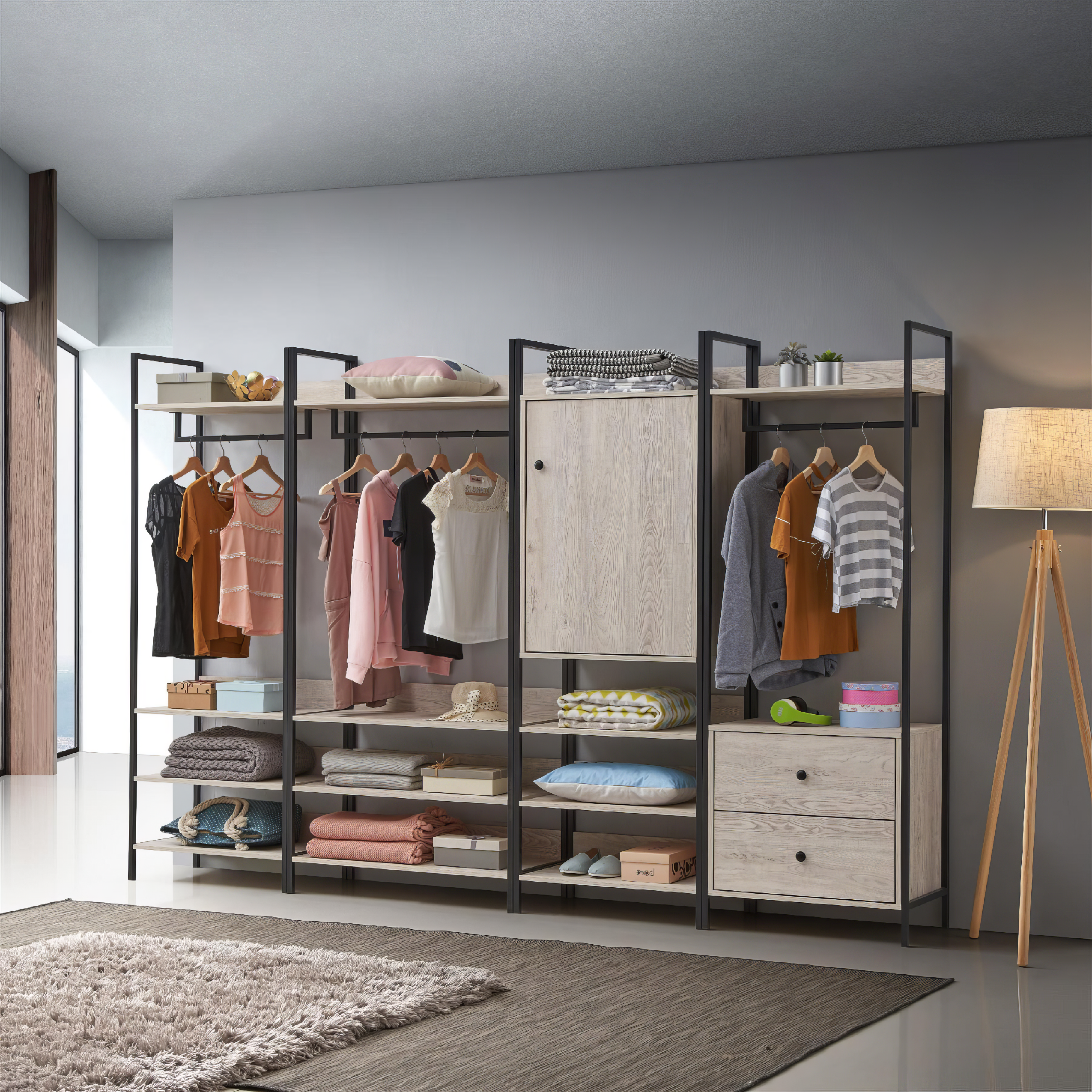 4 Piece Bedroom Set Open Wardrobe Storage Cabinet Drawers Industrial Style