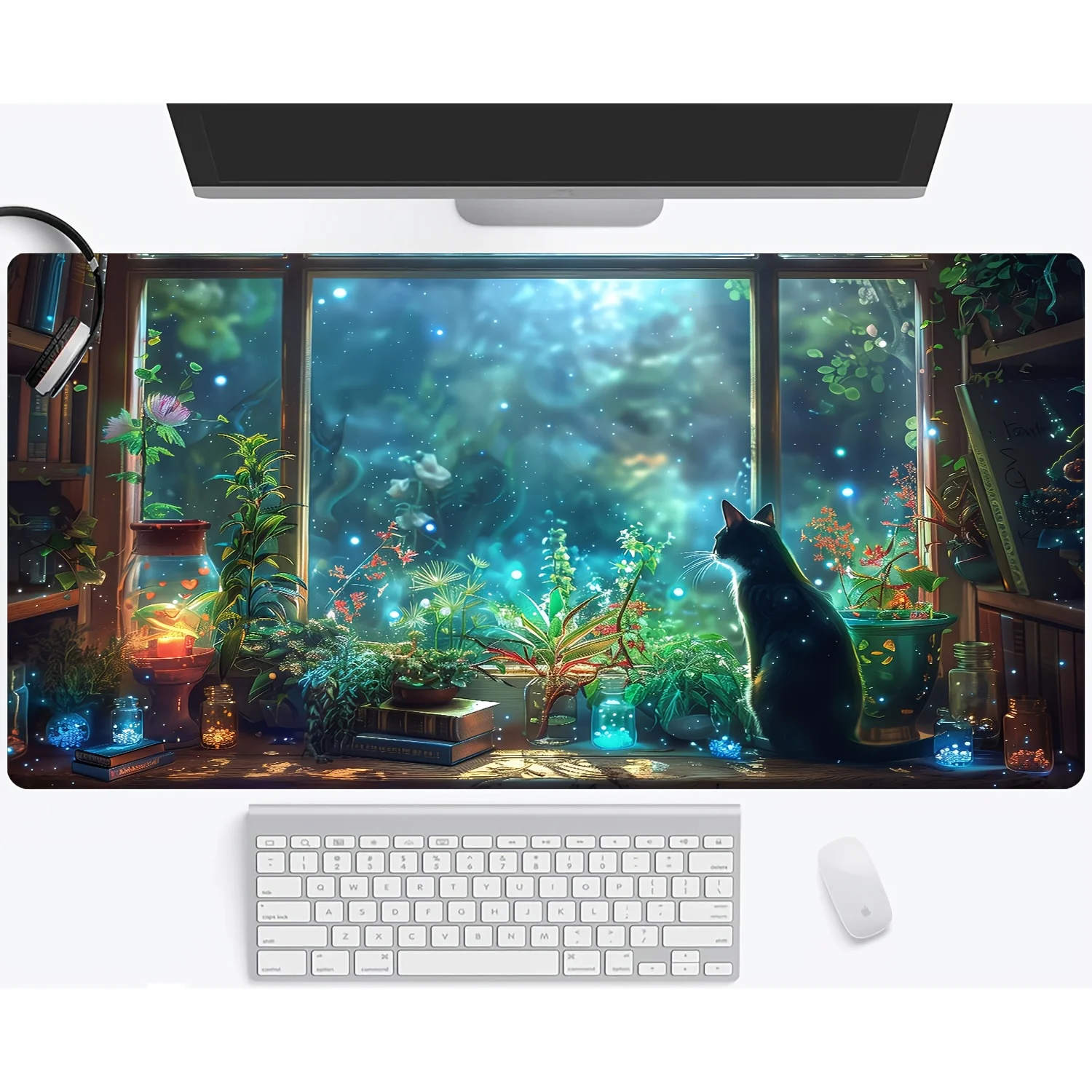 Black Cat and Green Plants Mouse Pad Large Non Slip Gaming Desk Mat