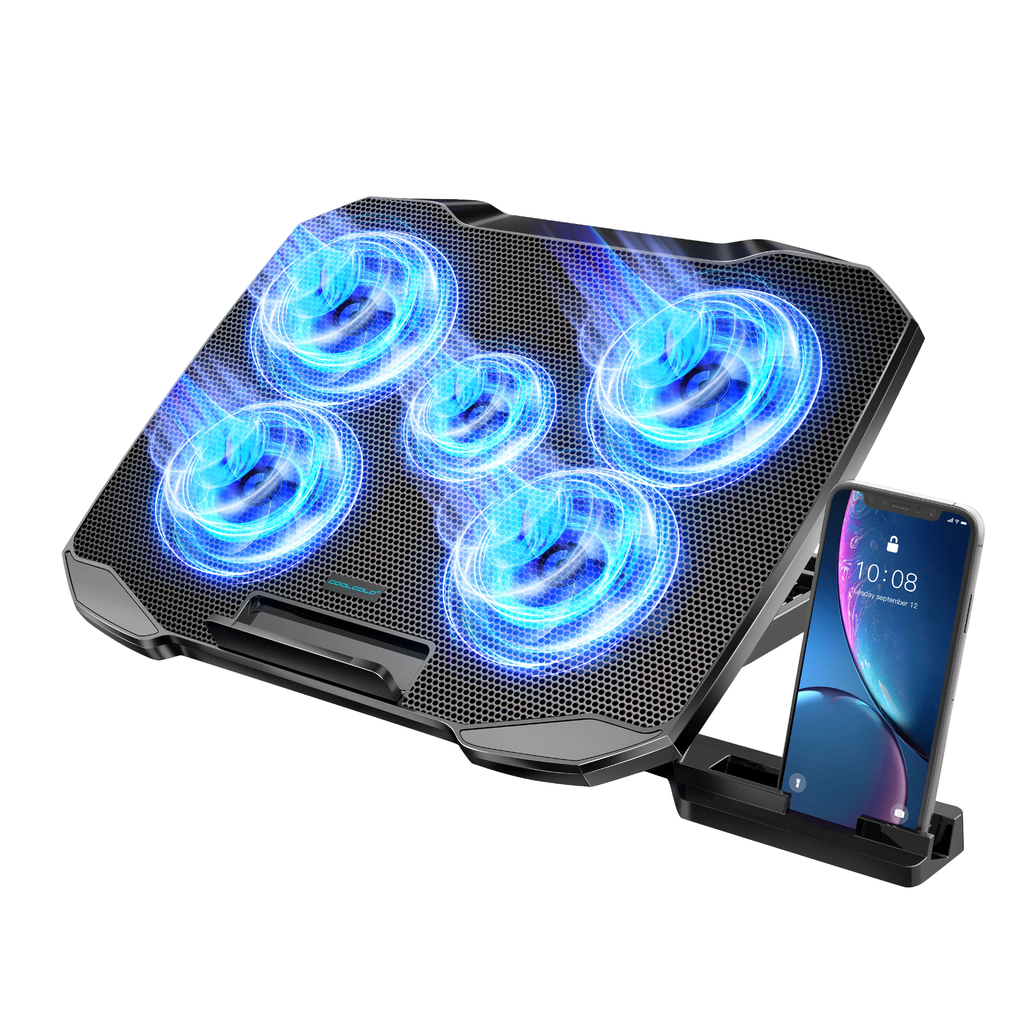 COOLCOLD Laptop Cooling Pad, 5 Fans, Adjustable Angles, Phone Holder