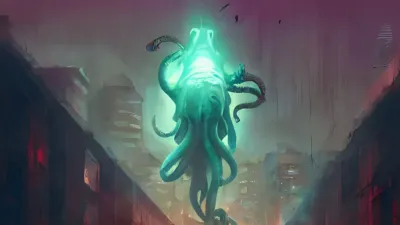 A floating Cthulhu-type creature, floating over a city while glowing green.