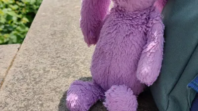 A purple bunny with the Tower of London in the background