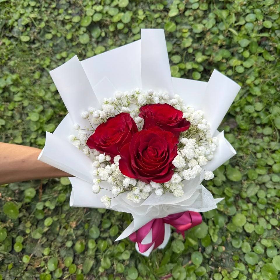 Fesh Baby Roses 3 Fresh Red Roses with baby breath - flowerfriendsg