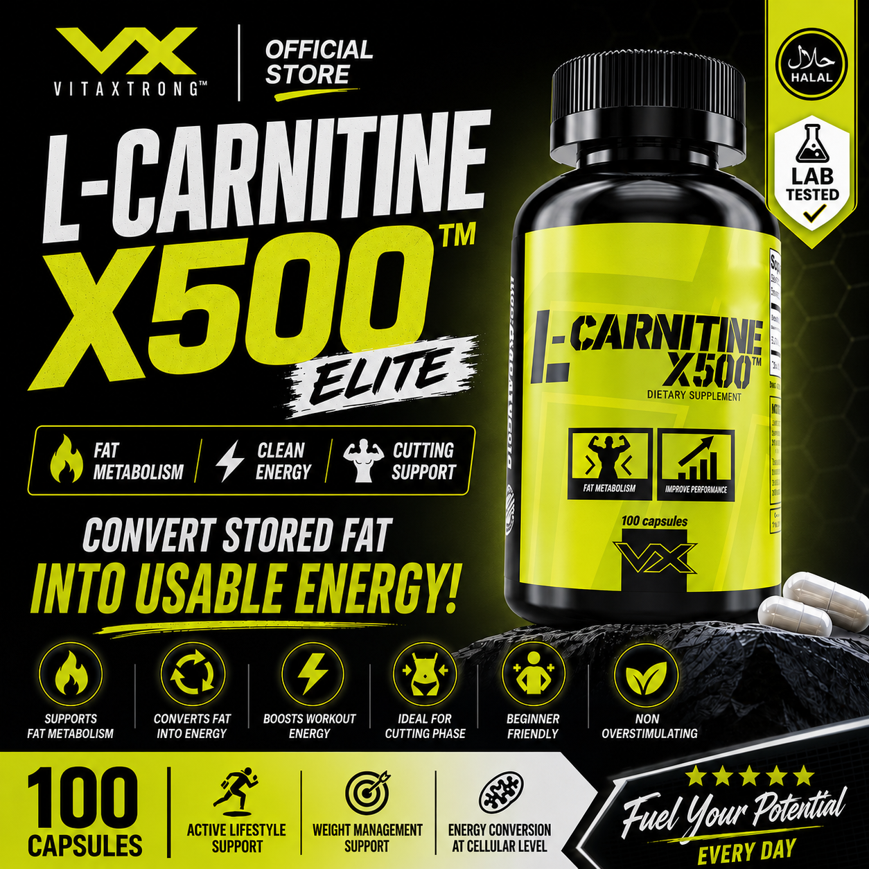 VITAXTRONG™ L-Carnitine X500 Elite | Fat Metabolism • Weight Management • Energy Support • Performance | Halal [VX] - VITAXTRONG