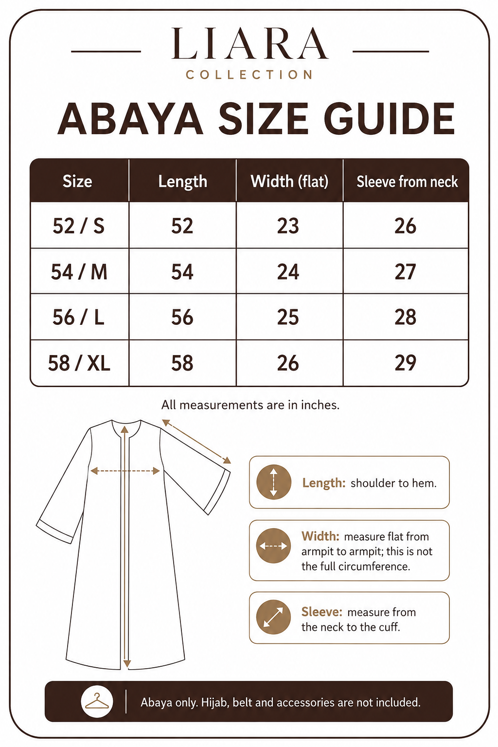 Liara Collection Abaya Size Guide for sizes 52, 54, 56 and 58