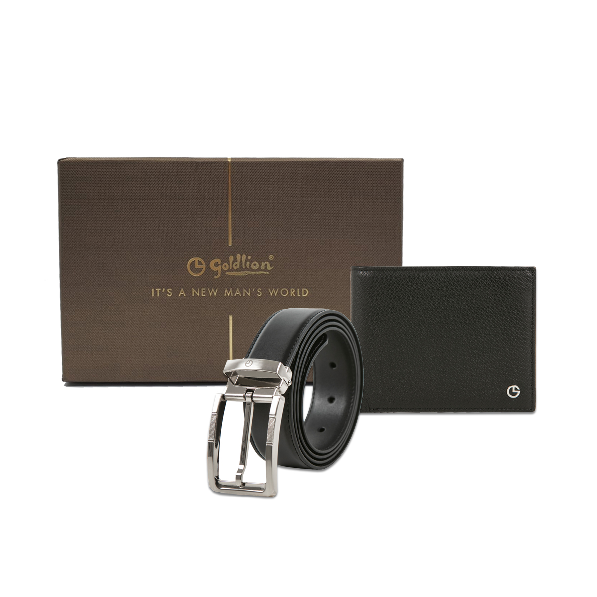 Goldlion Genuine Leather Wallet & Leather Pin Belt Gift Set - Black (OBB371+EWH113)