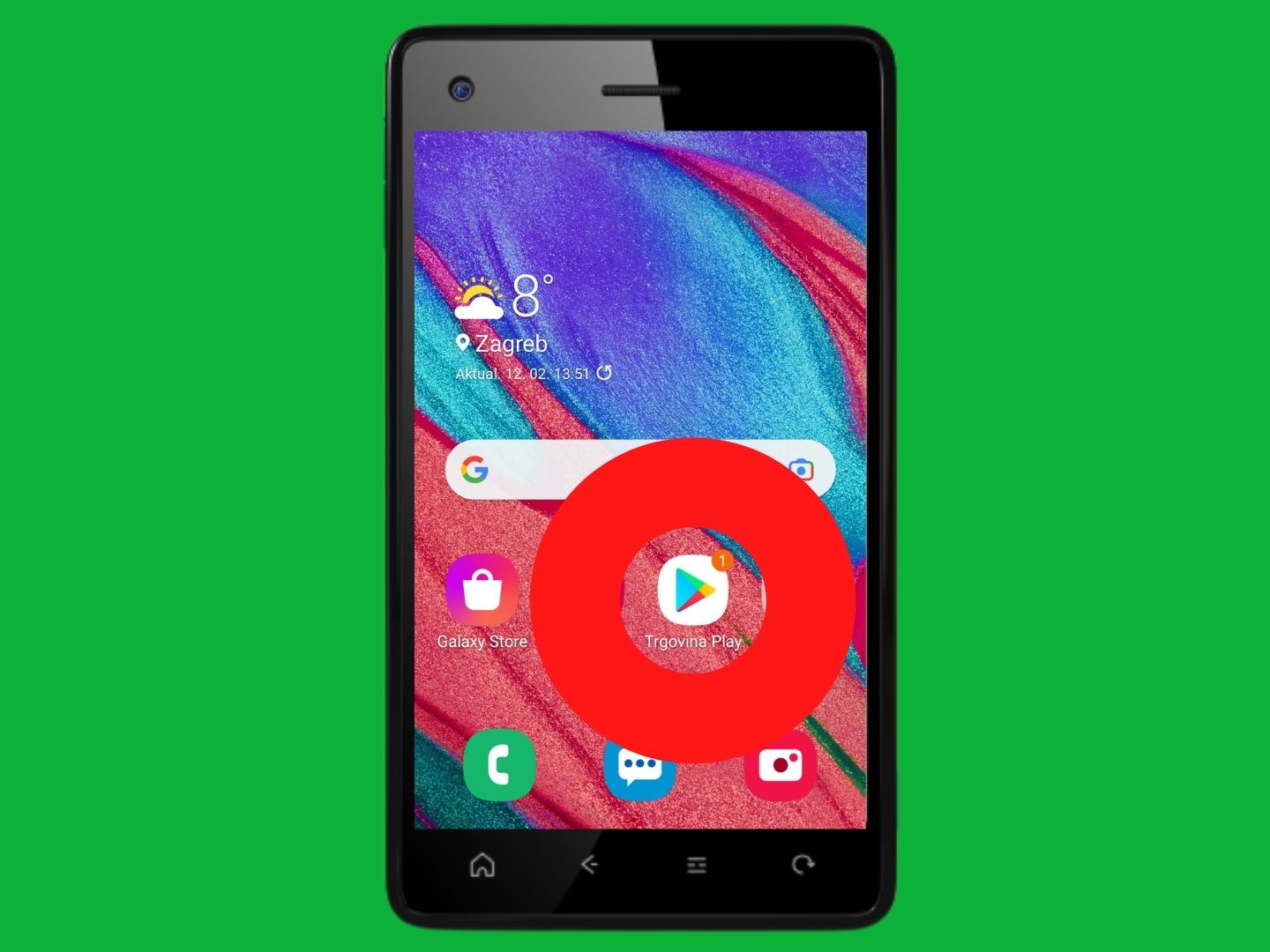 Početni zaslon Android mobilnog uređaja s označenom Google Play trgovinom