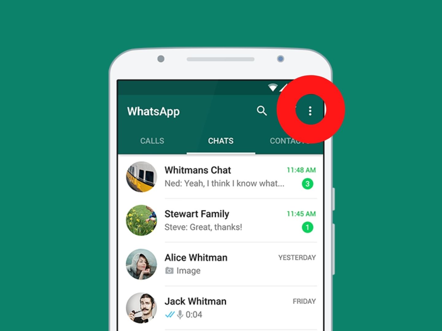 Otvorena Whatsapp aplikacija s označenim izbornikom Otvorena aplikacija Whatsapp na mobitelu s označene tri točkice, odnosno izbornikom