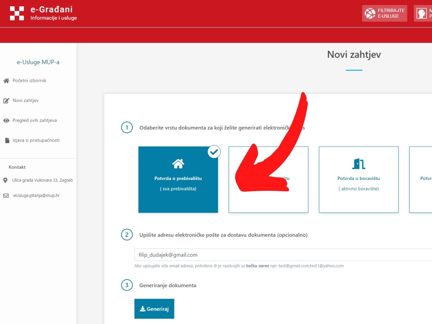 Odaberi Potvrda o Prebivalištu Na web portalu e-Građani crvena strelica pokazuje na Potvrdu o prebivalištu