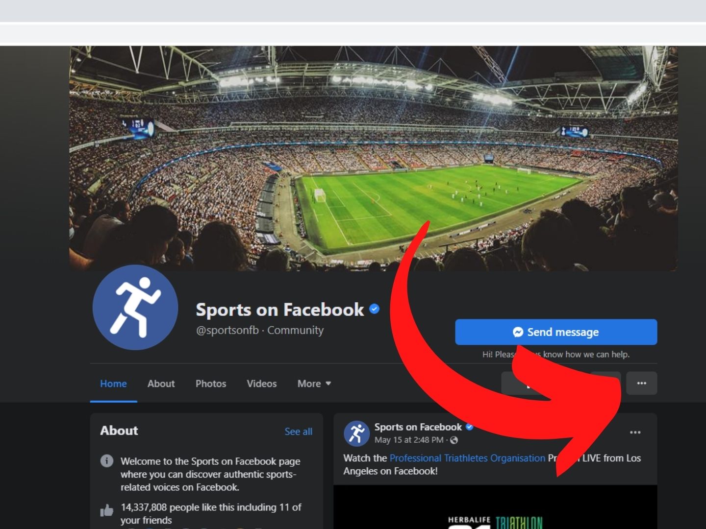 3. Pritisni na 3 točkice Na Facebooku crvena strelica pokazuje na 3 točkice na Facebook page