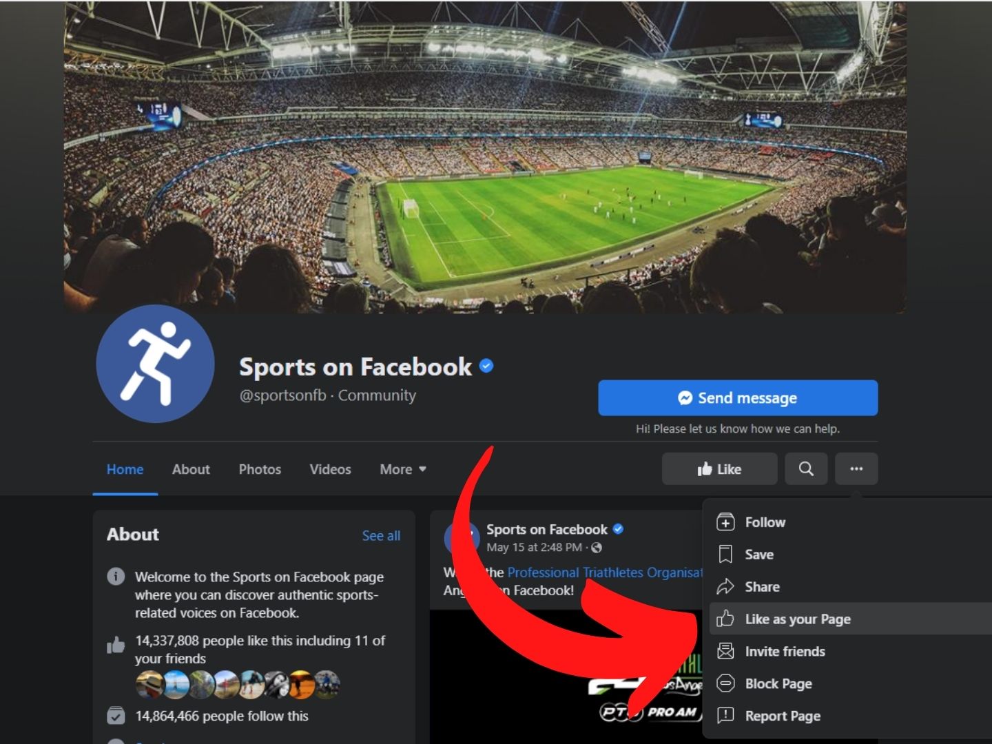 3. Sviđa mi se kao Stranica Na Facebook stranici crvena strelica pokazuje na Like as a Page