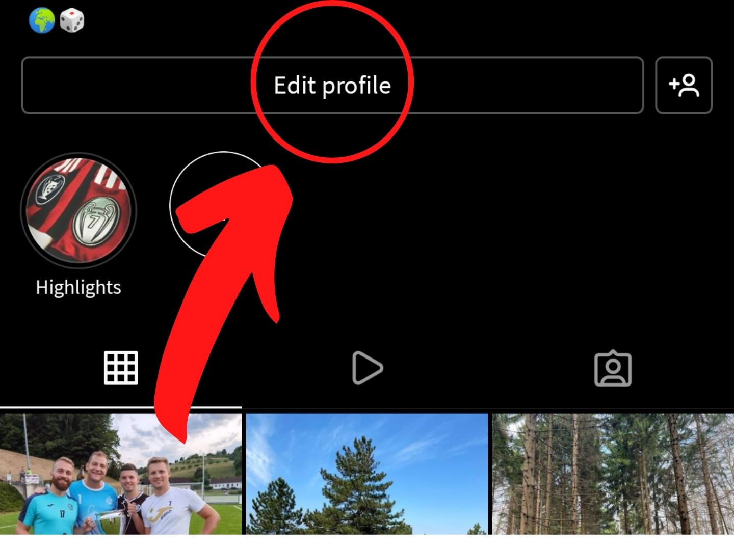 U aplikaciji Instagram crvena strelica pokazuje na Uredi Profil