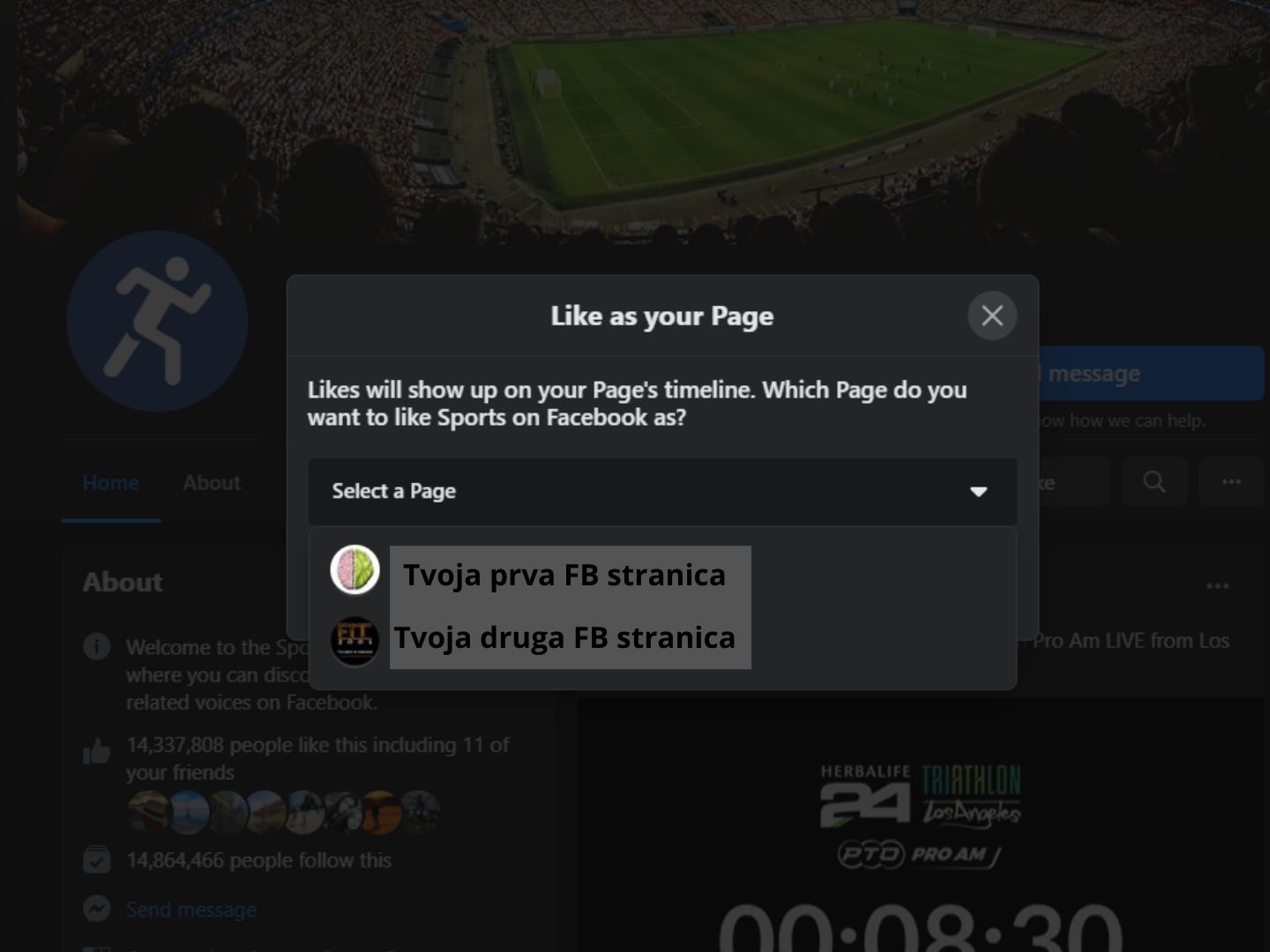 5. Odaberi s kojom stranicom želiš lajkati Na Facebooku otvoren prozor Sviđa mi se kao Facebook stranica