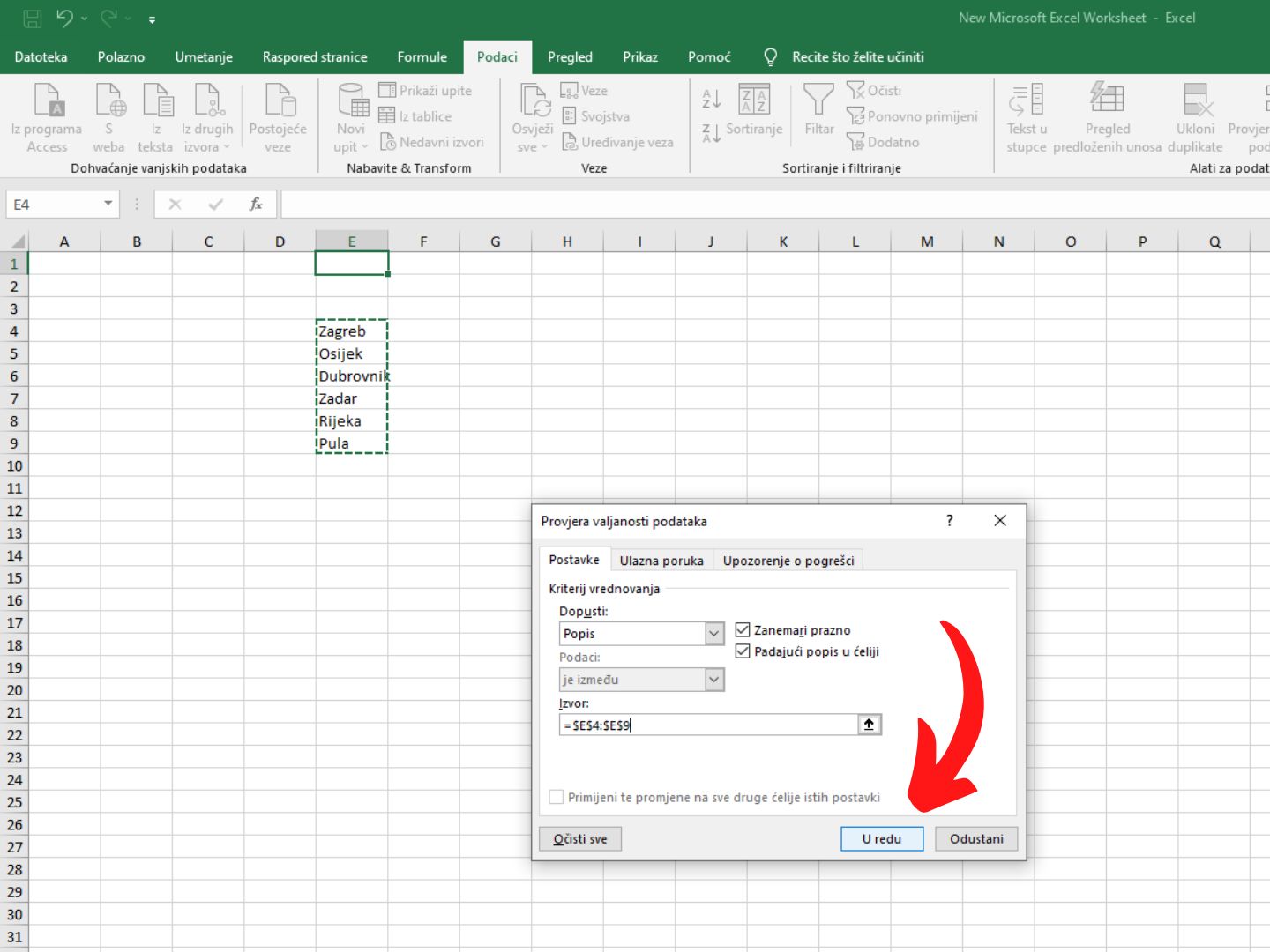 Pritisni U redu U Microsoft Excelu u procesu izrade padajućeg izbornika crvena strelica pokazuje na U redu