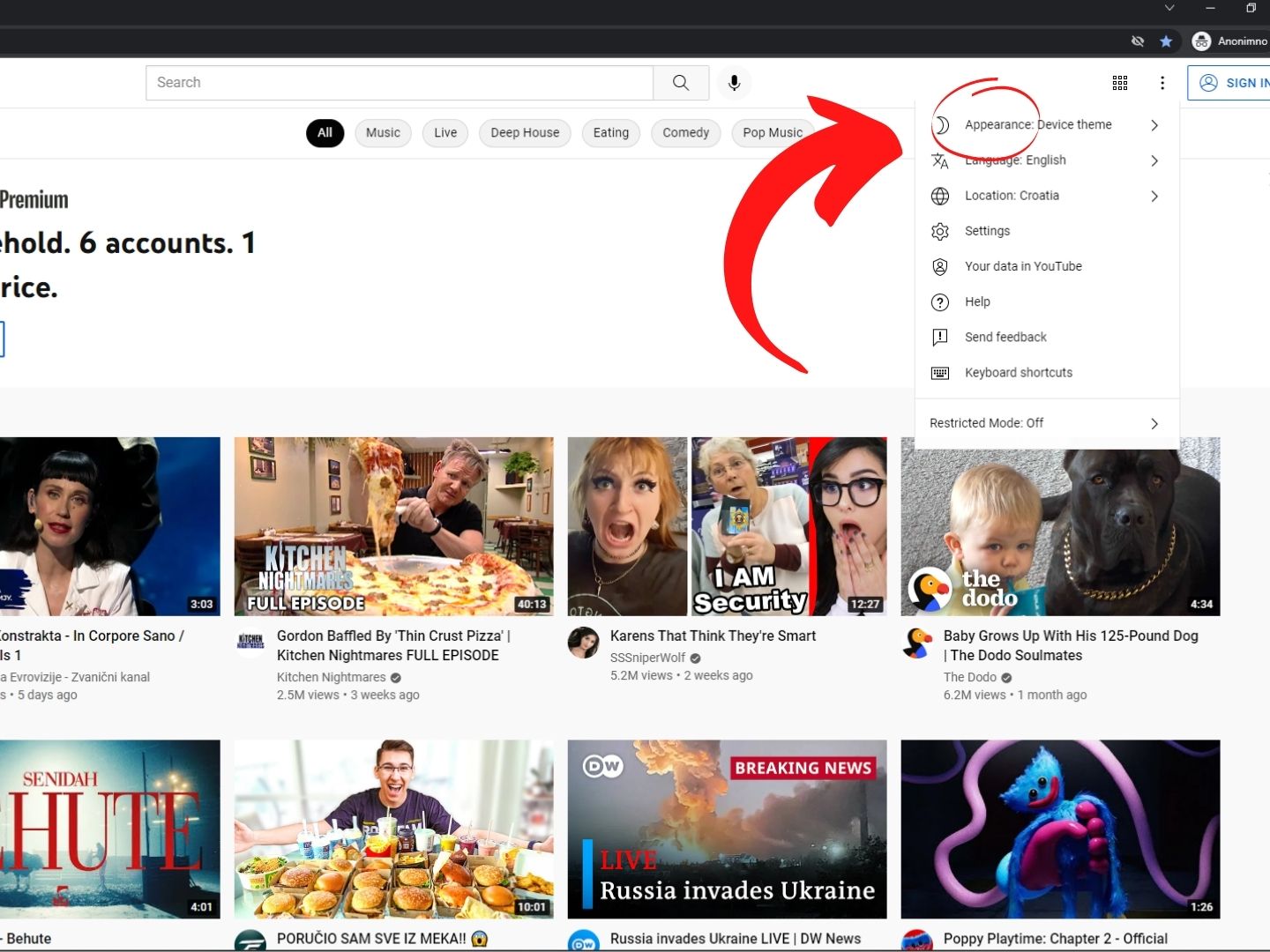 Pronađi i odaberi Izgled Otvorene postavke na web stranici Youtubu na kojima crvena strelica pokazuje na Izgled