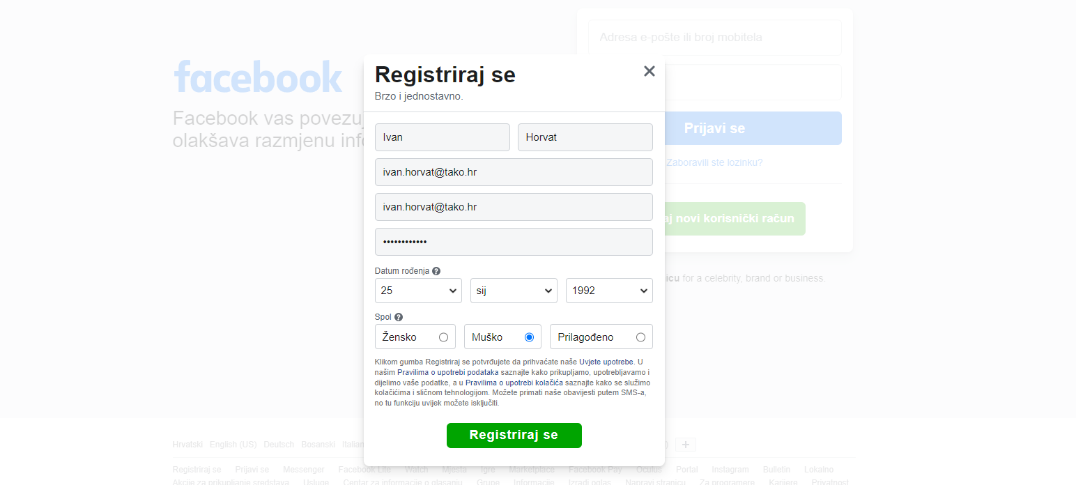 stranica za unos podataka Facebook