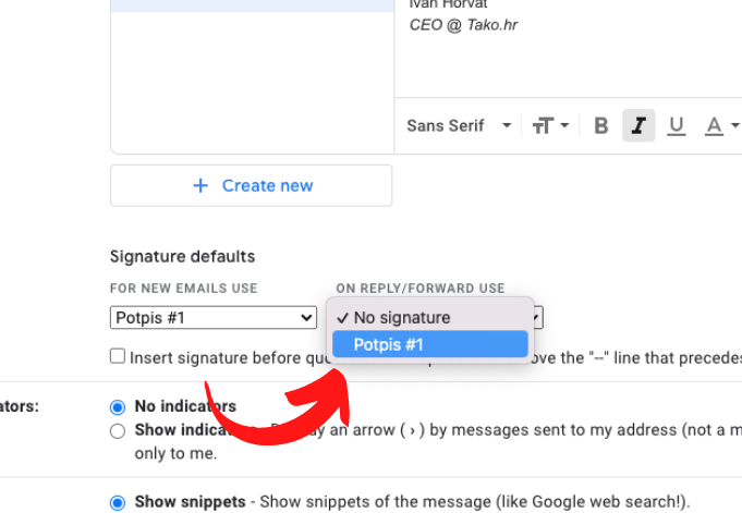 odabiranje kada ce se potpis prikazivati u gmailu