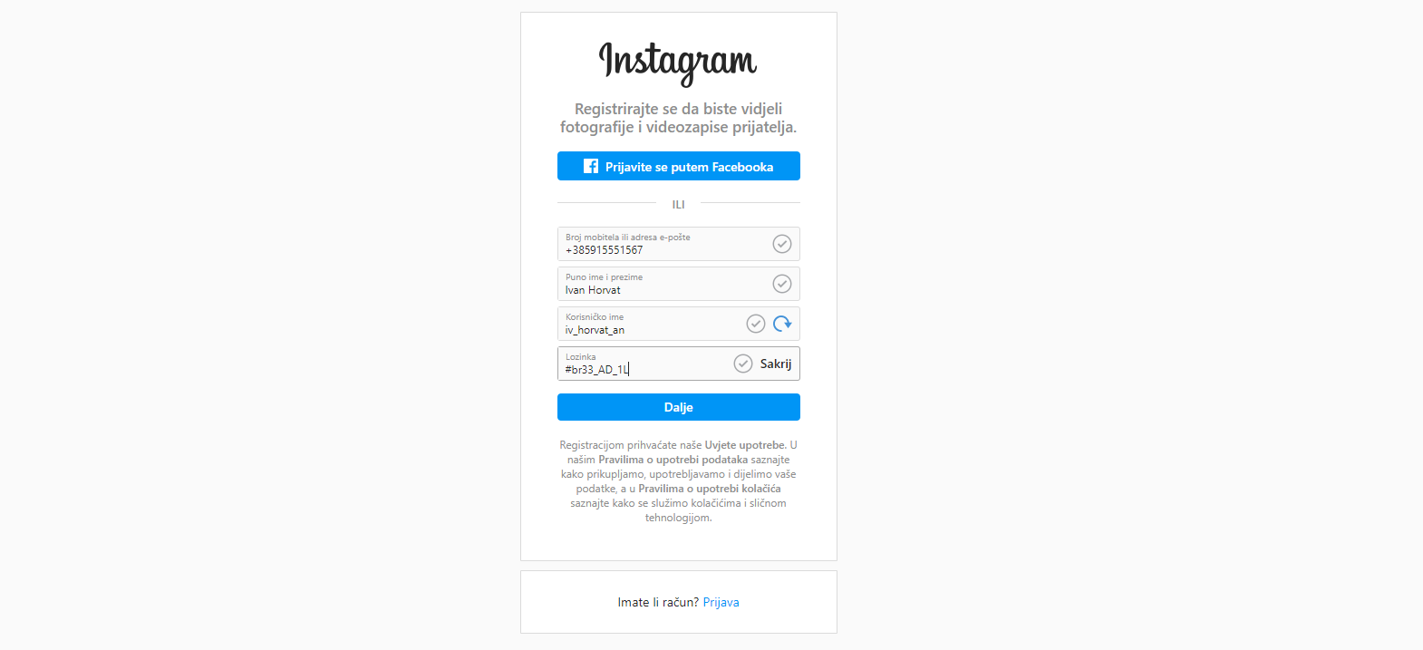 stranica za unošenje podataka na Instagramu