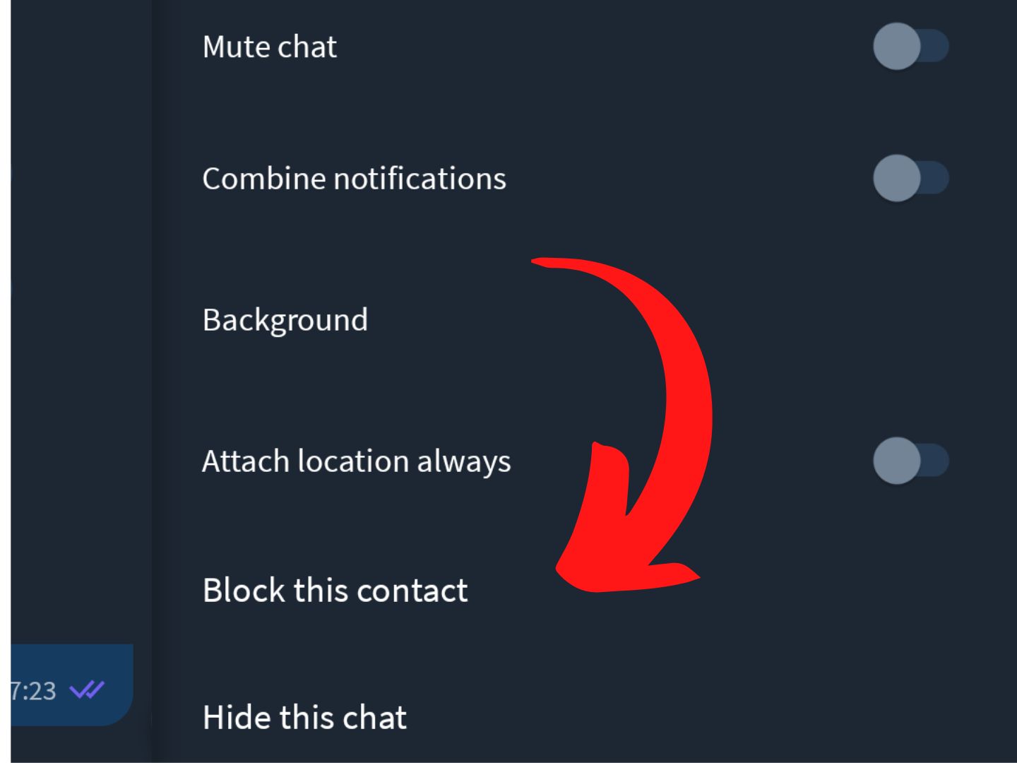 Blokiraj kontakt U aplikaciji Viber crvena strelica pokazuje na blokiraj ovaj kontakt