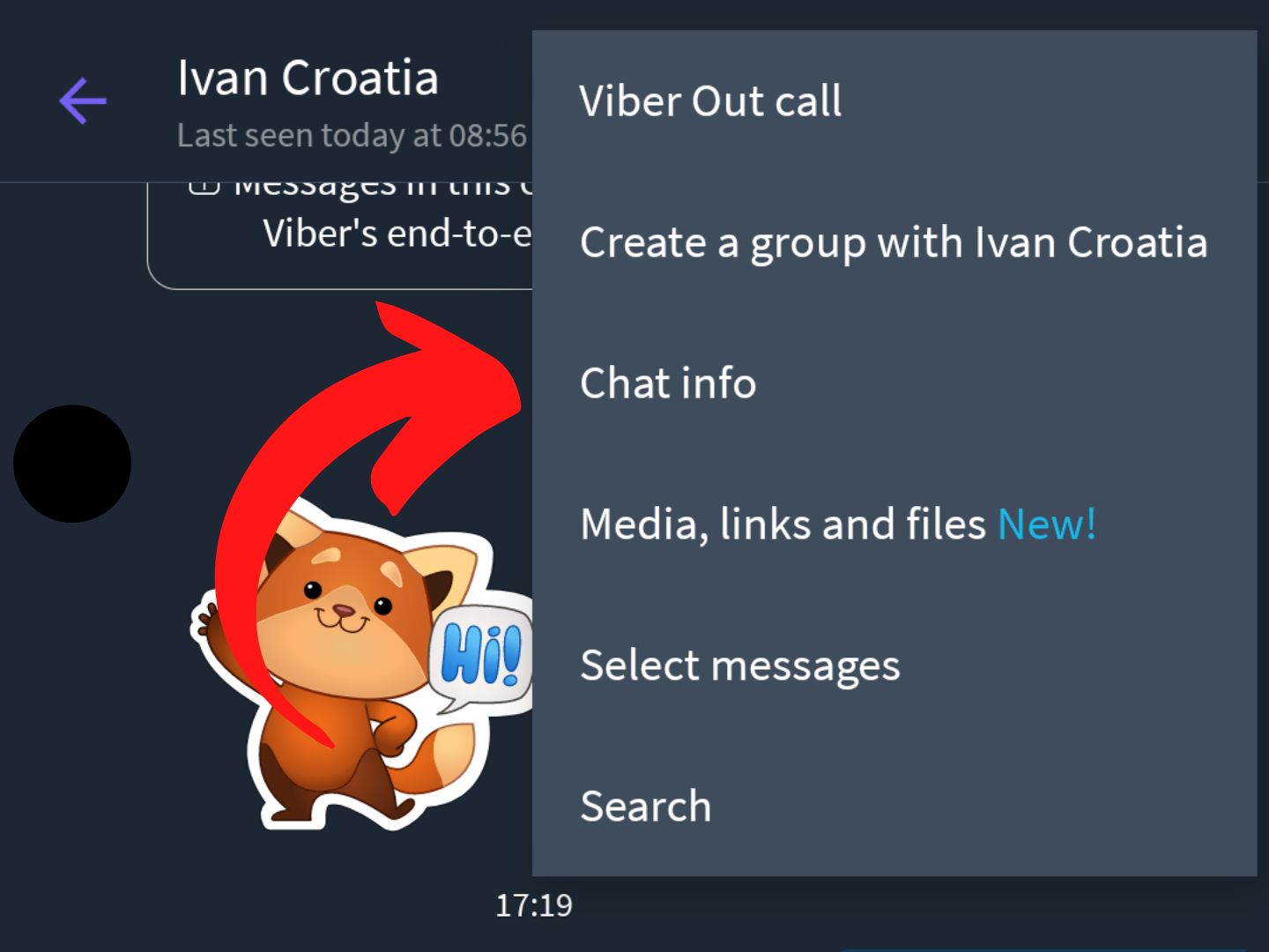 Odaberi Informacije Kontakta U aplikaciji Viber u izborniku razgvoora crvena strelica pokazuje na informacije kontakta