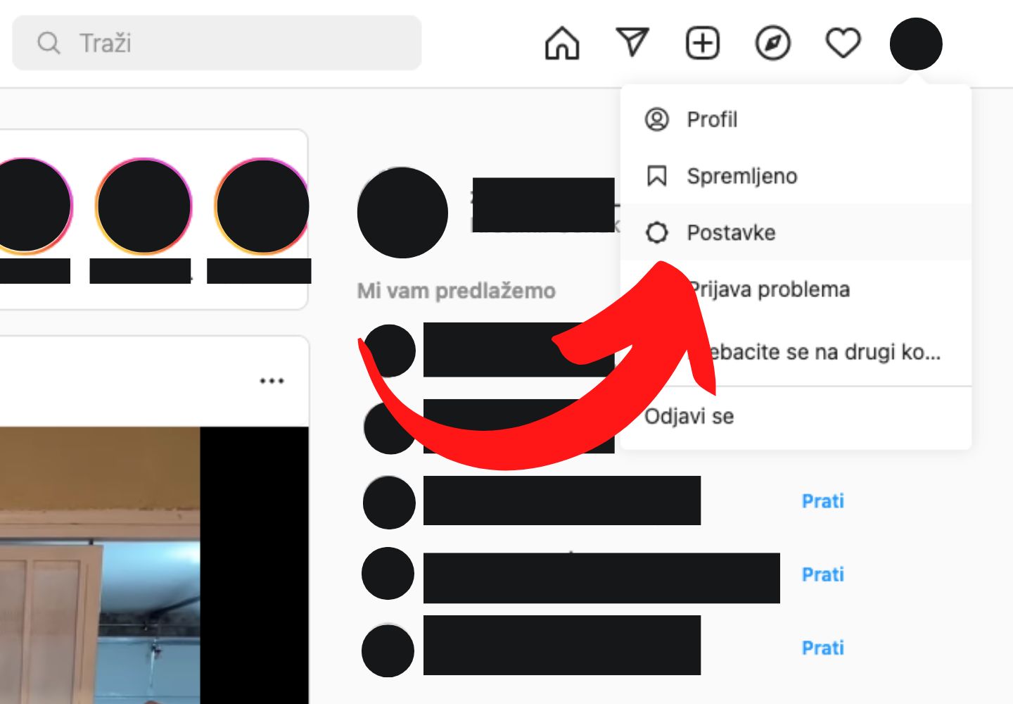 klikanje na postavke u Instagramu