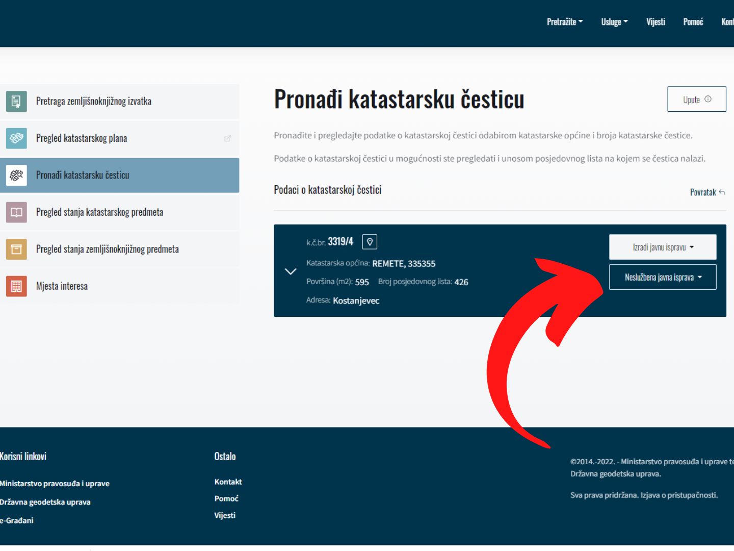 Preuzmi Posjedovni list Crvena strelica prikazuje na preuzimanje neslužbene kopije posjedovnog lista