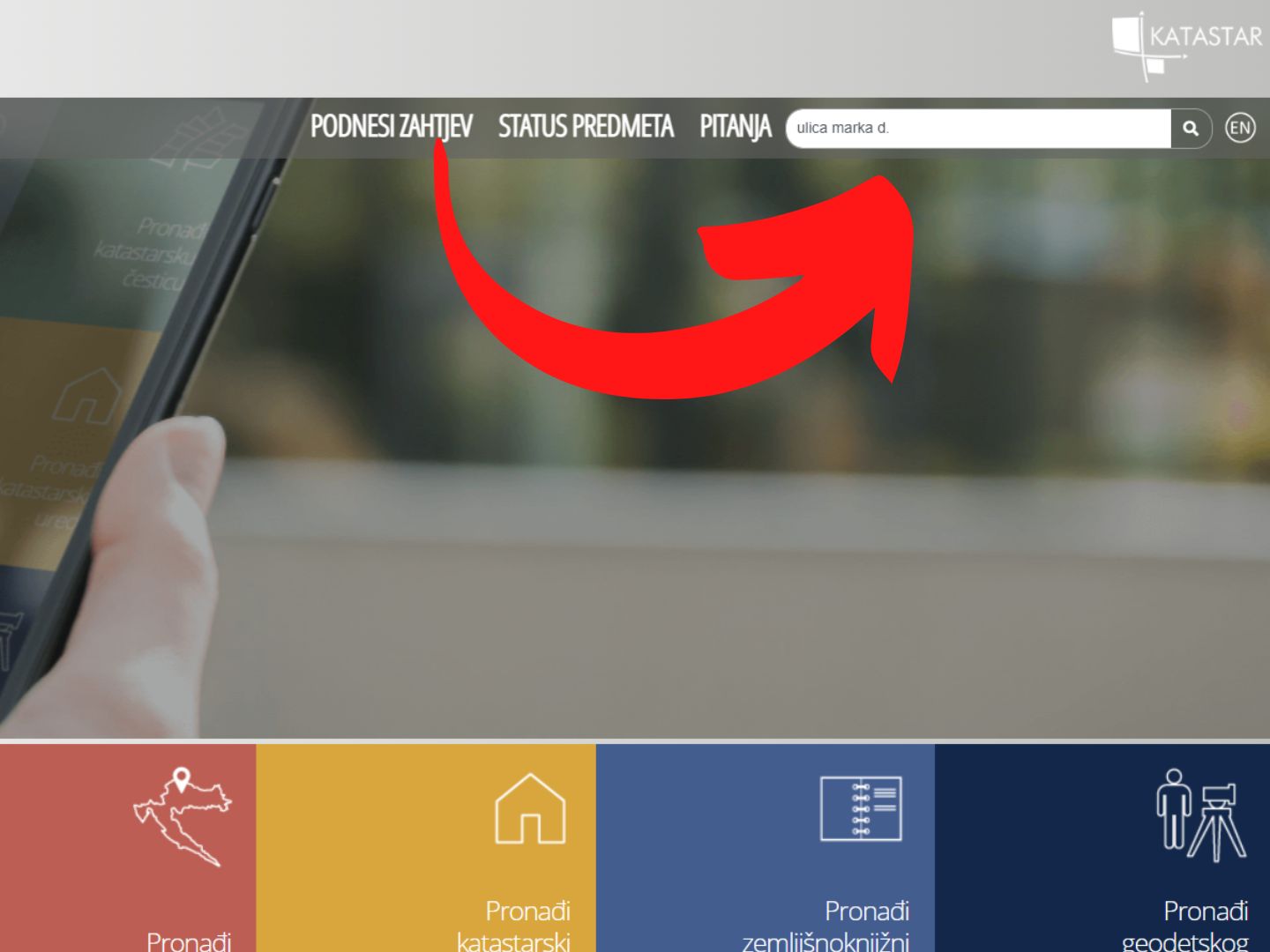 Upiši adresu Na web stranici katastra crvena strelica pokazuje na tražilicu gdje treba upisati adresu