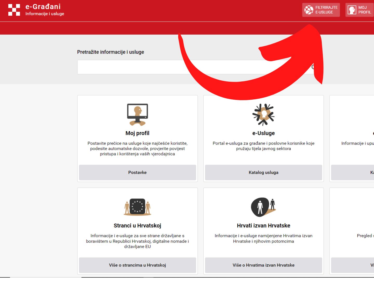 Crvena strelica na portalu e-građani pokazuje na filtriraj usluge