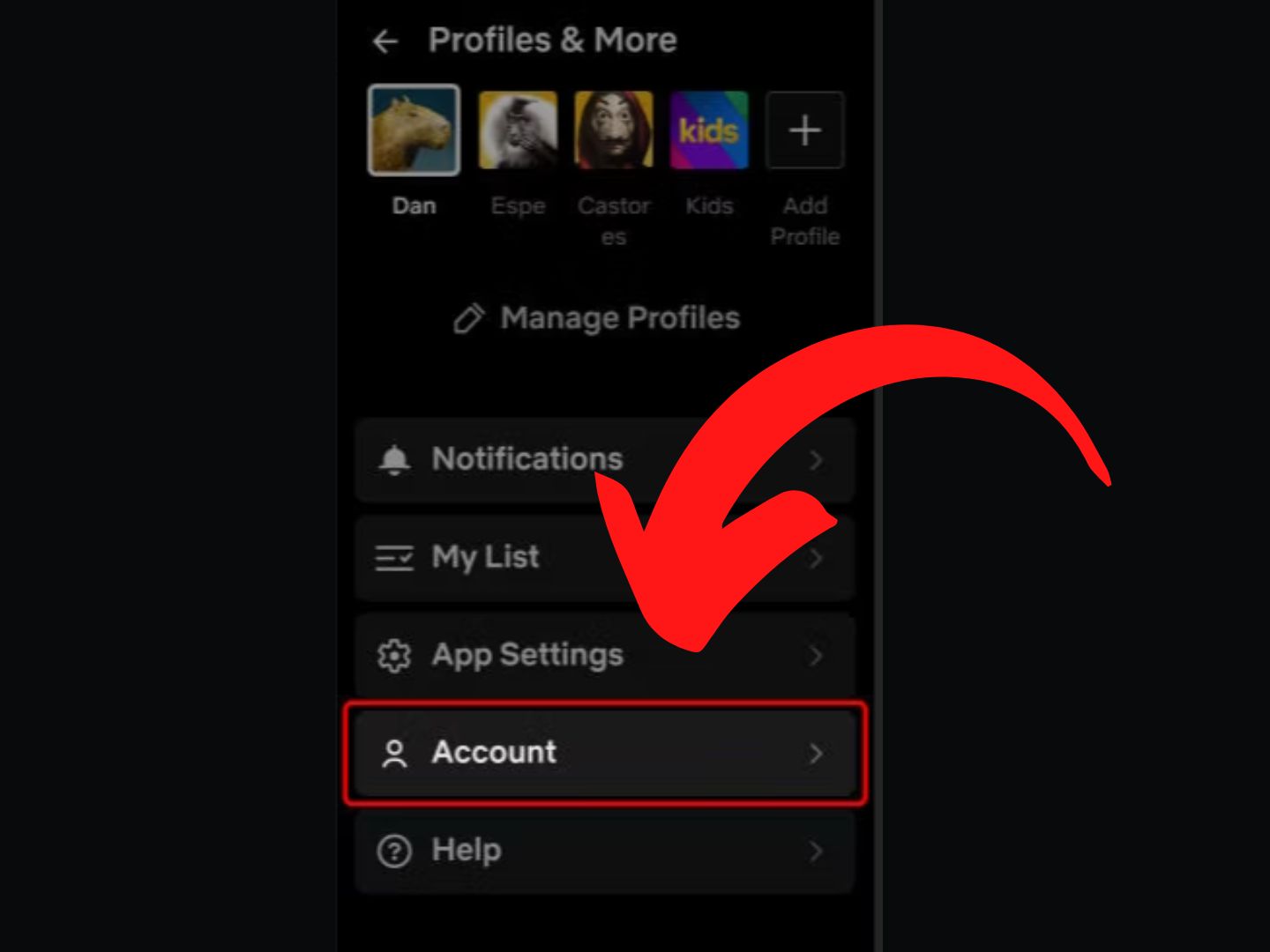 Odaberi Account Crvena strelica u aplikaciju Netflix u procesu otkazivanja pretplate pokazuje na Account