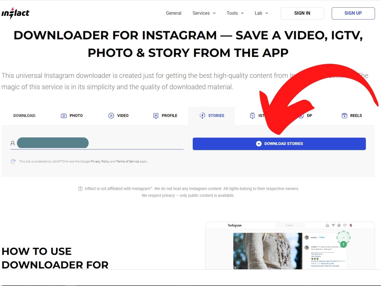 Upiši username i pogledaj story Na web stranici www.inflact.com u procesu anonimnog gledanja Instagram storija crvena strelica pokazuje na Download