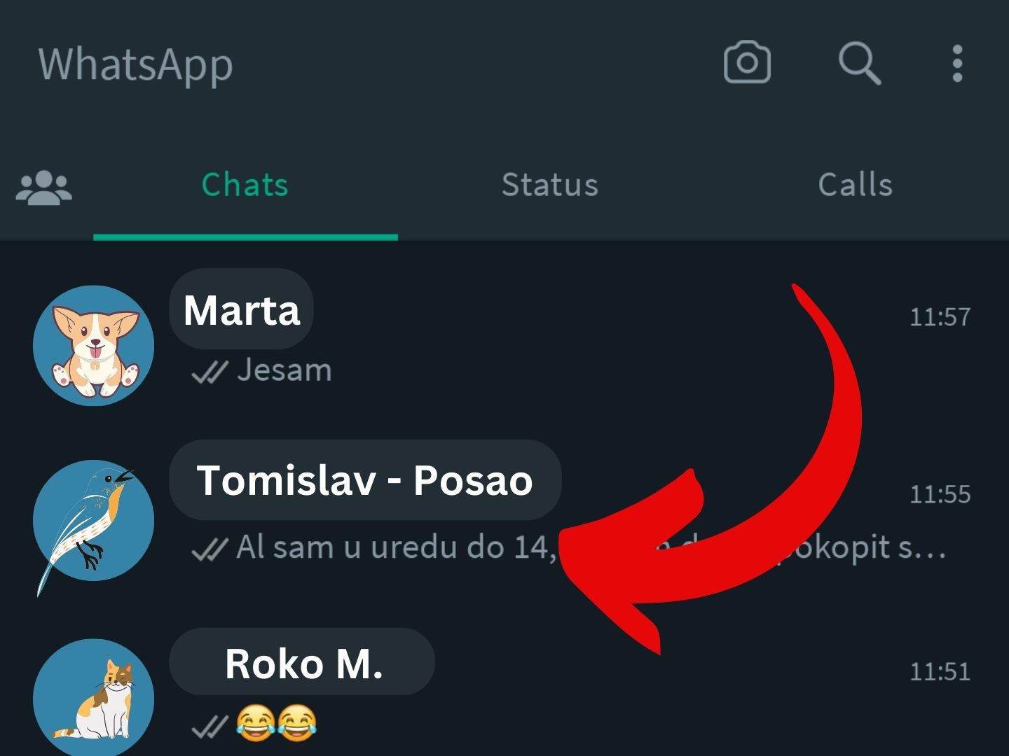 Odaberi razgovor Crvena strelica u aplikaciji Whatapp pokazuje na razgovor s kojim će se podijeliti lokacija