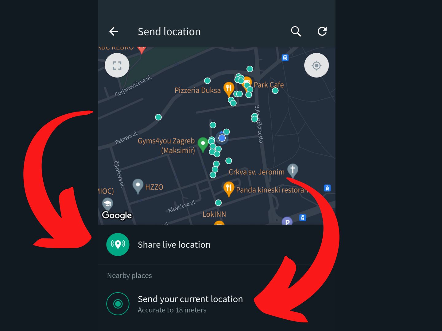 Podijeli lokaciju U aplikaciju Whatapp crvene strelice pokazuju na dijeljenje lokacije
