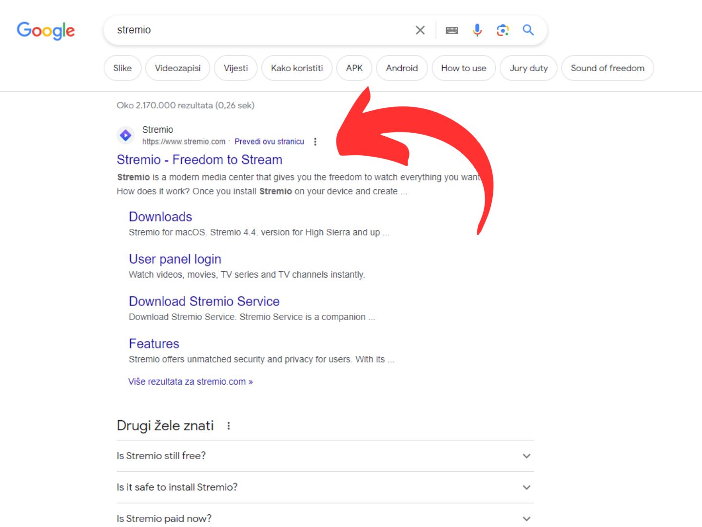 Otvori prvi rezultat pretraživanja U procesu instalacije Stremia crvena strelica pokazuje na prvi rezultat Google pretrage