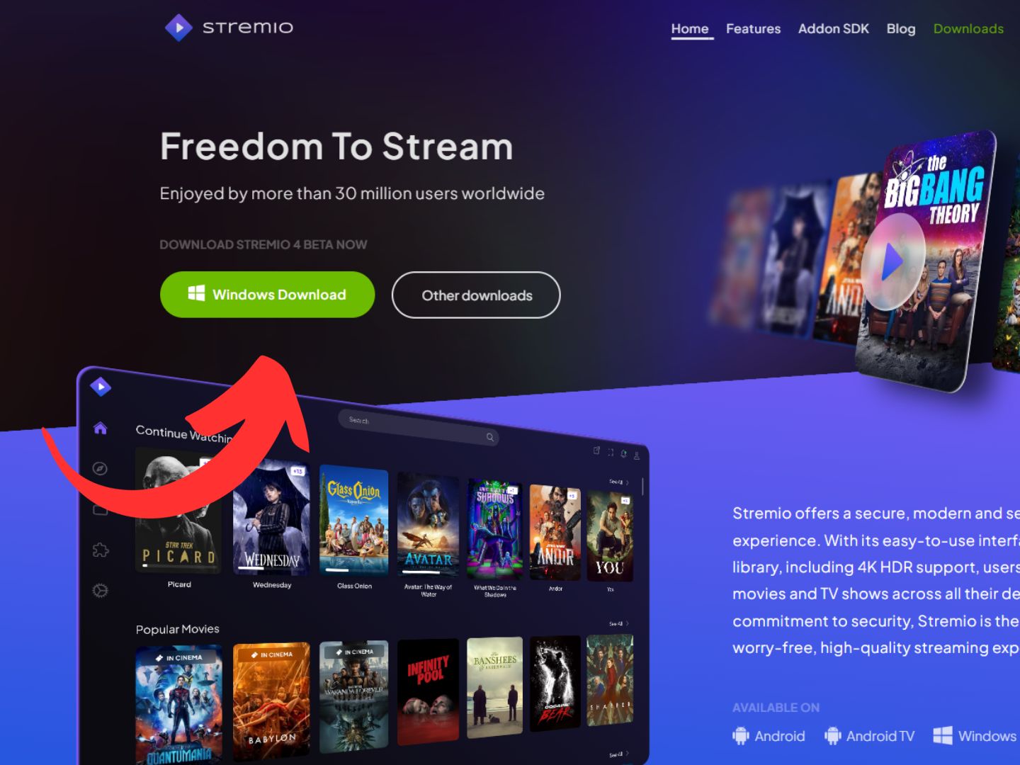 Preuzmi Stremio U procesu instalacije Stremia crvena strelica pokazuje na preuzimanje Stremia na njihovoj web stranici