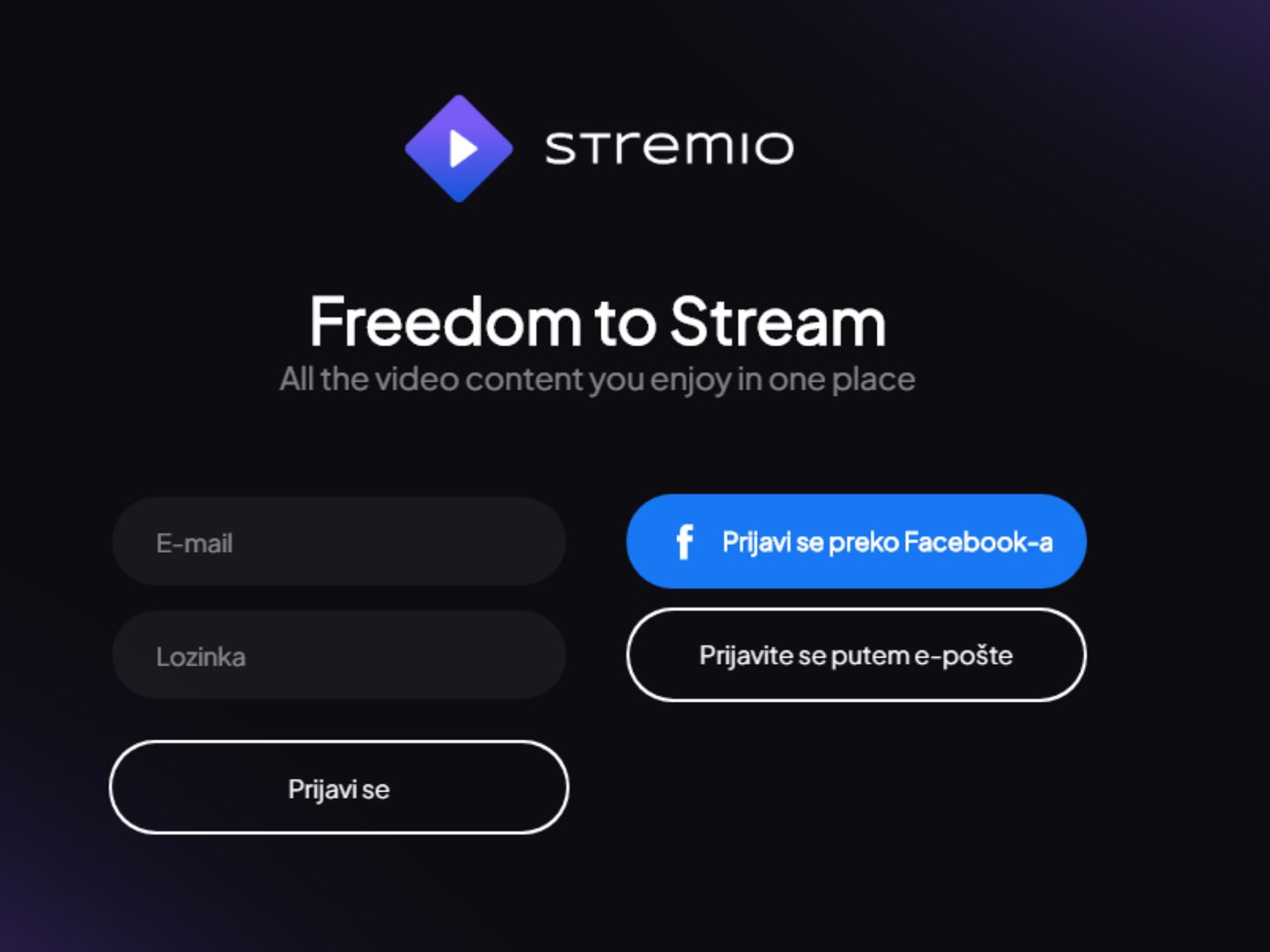 Prijavi se na Stremio U postupku instalacije Stremia na računalo otvorena aplikacija Stremio u kojoj se prijavljuje u Stremio