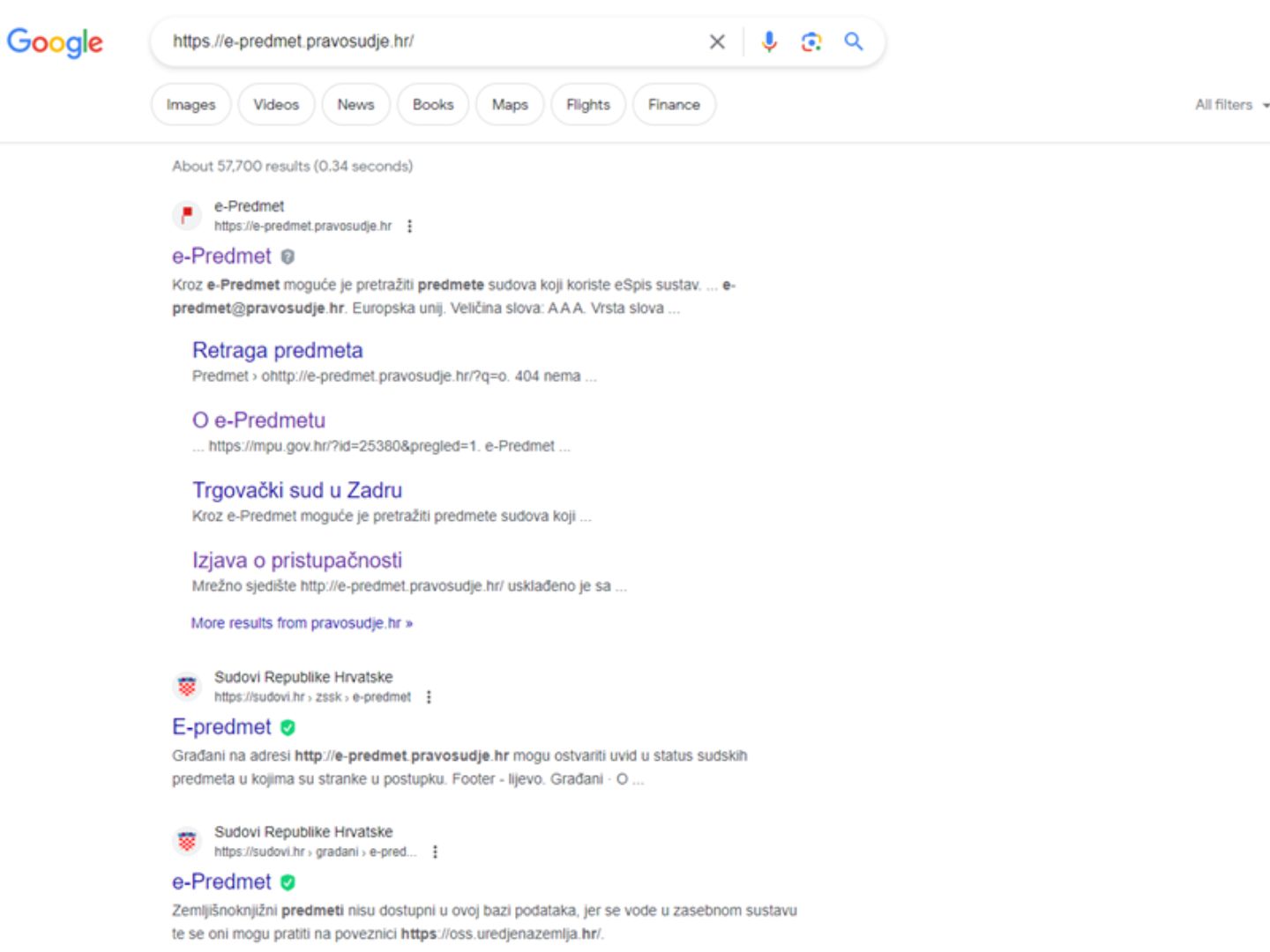 Posjećivanje web stranice e-Predmet kako bi saznao status svojeg pregleda na sudu Upisivanje 'e-Predmet' u Google tražilicu