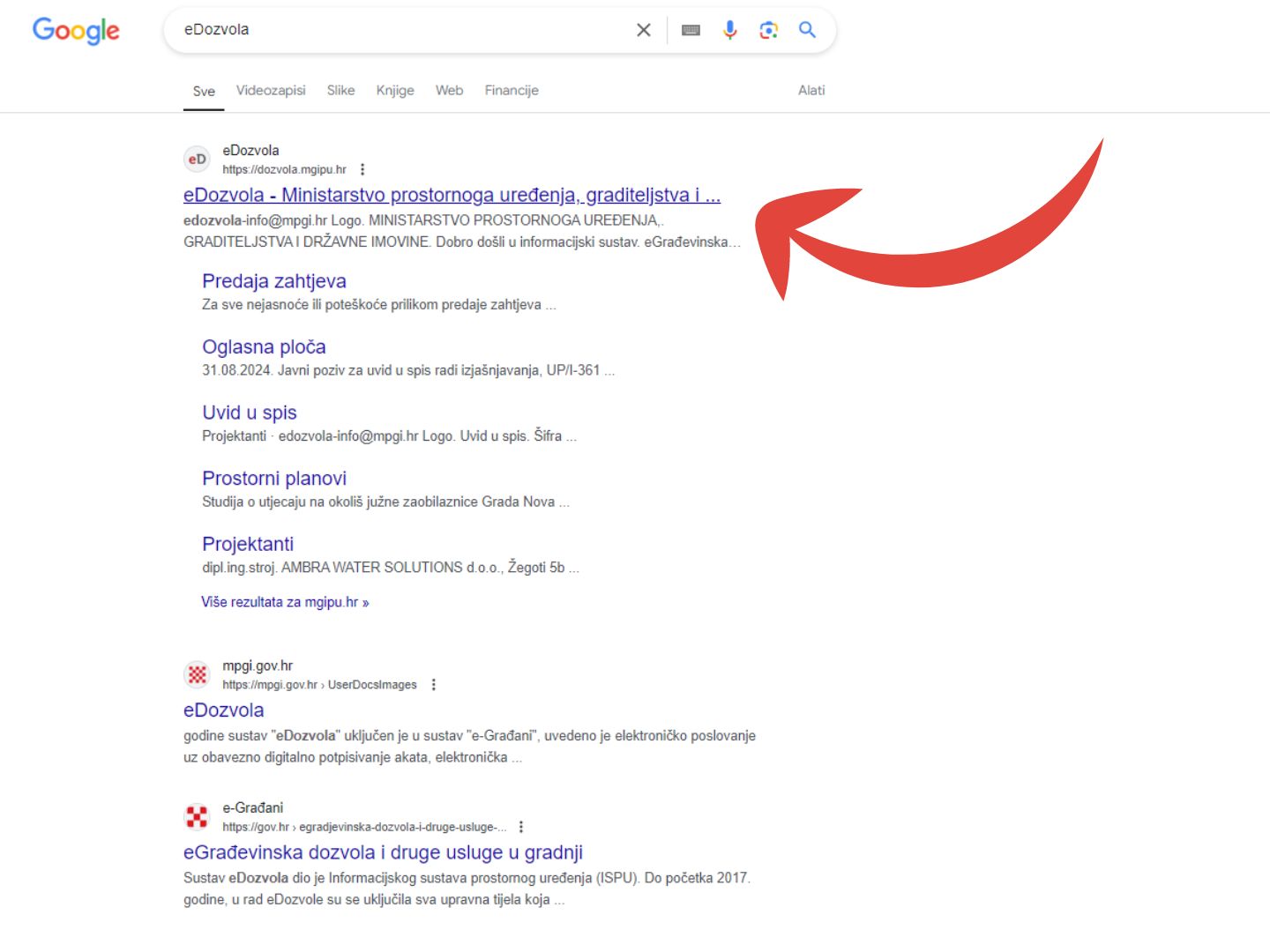Otvori prvi rezultat pretrage U procesu dobivanja eDozvole u google pretraživanju otvoren prvi rezultat