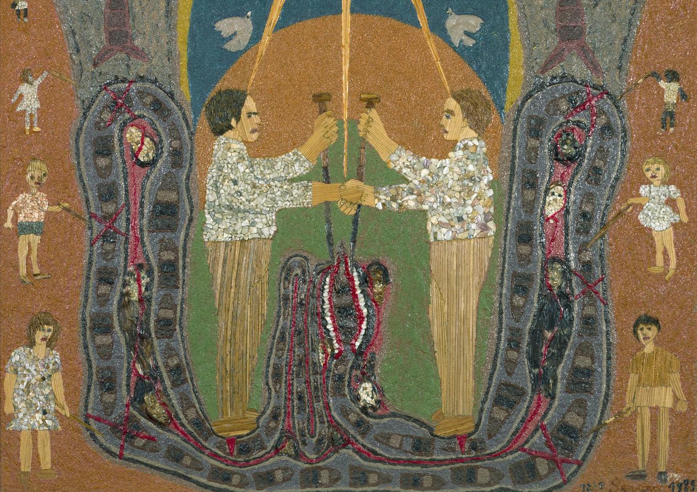מלך ברגר, הקץ למלחמות, 1985 (פרט)
טכניקה מעורבת על דיקט, אוסף האמן
