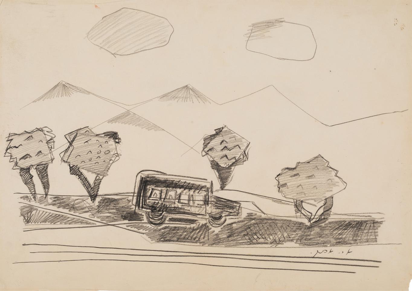 Arie Aroch, study for Bus in the Mountains, 1944