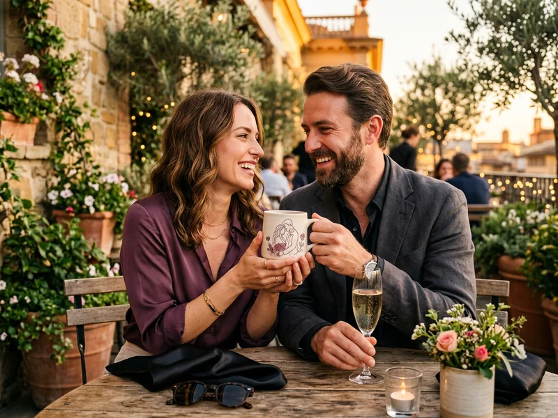 A couple with a personalized photo gift beside a laptop