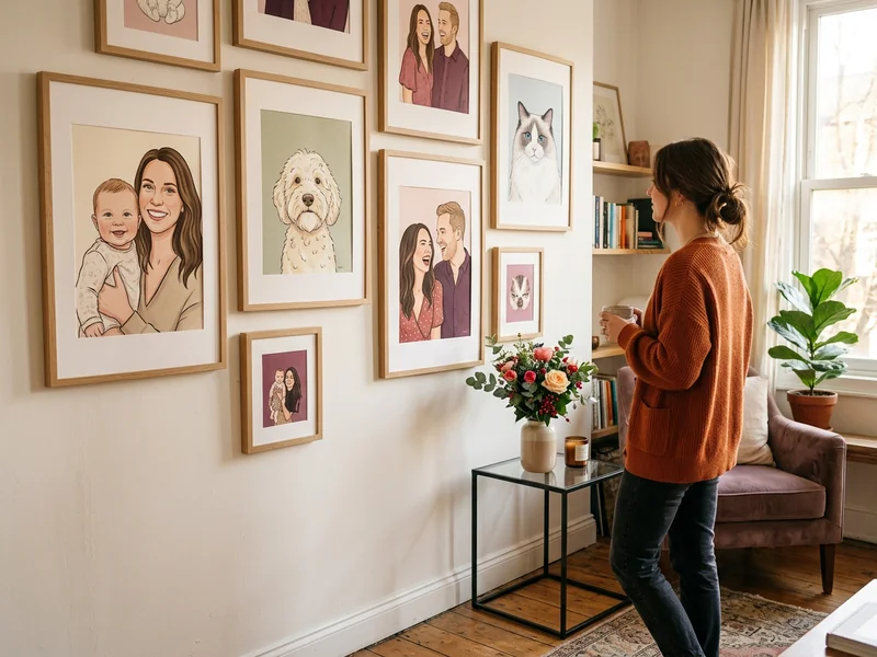 A young woman displaying personalized character wall art on a shelf