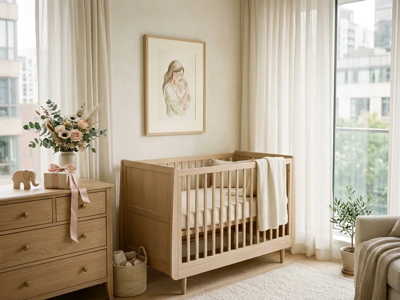 A personalized memorial poster hanging above a nursery bed