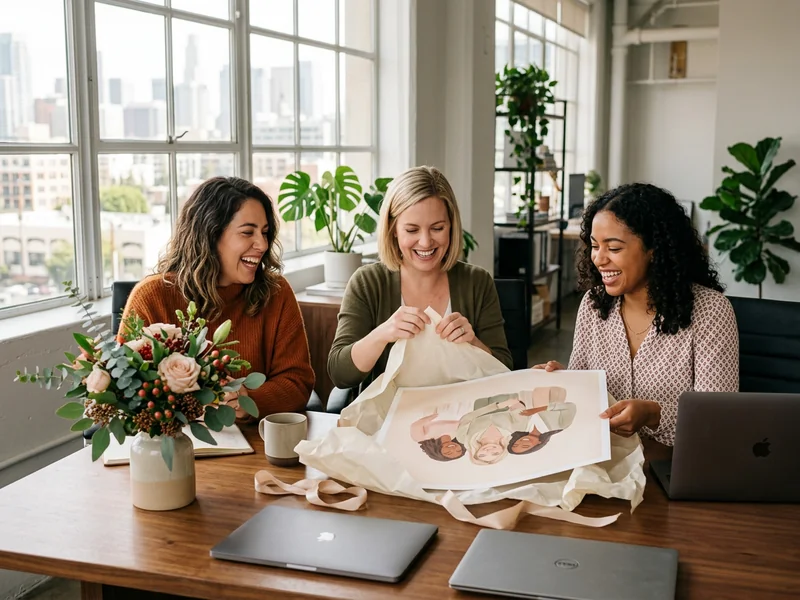 A group of friends receiving a personalized team print as a gift