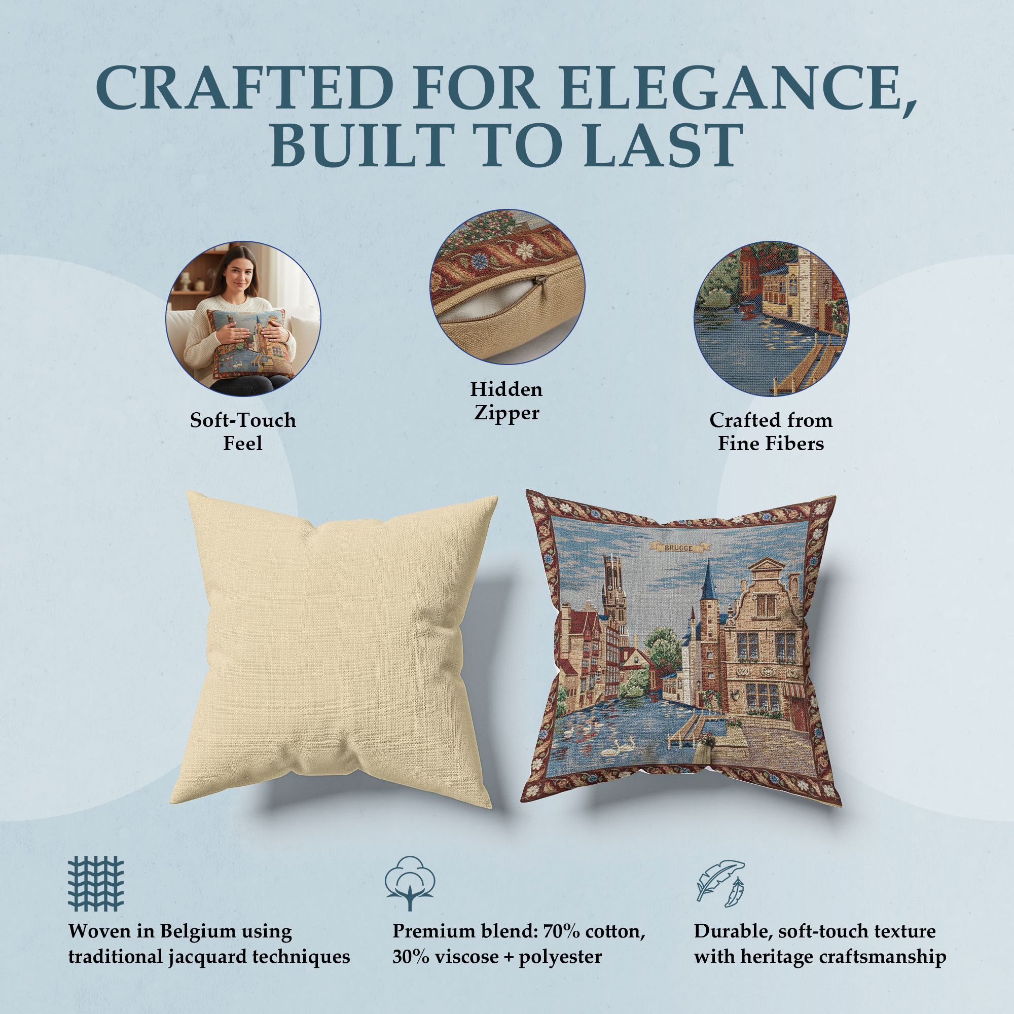 Brugge Rozenhoekaai European Tapestry Pillow Cover 18x18 Inch Cotton Cushion Cover