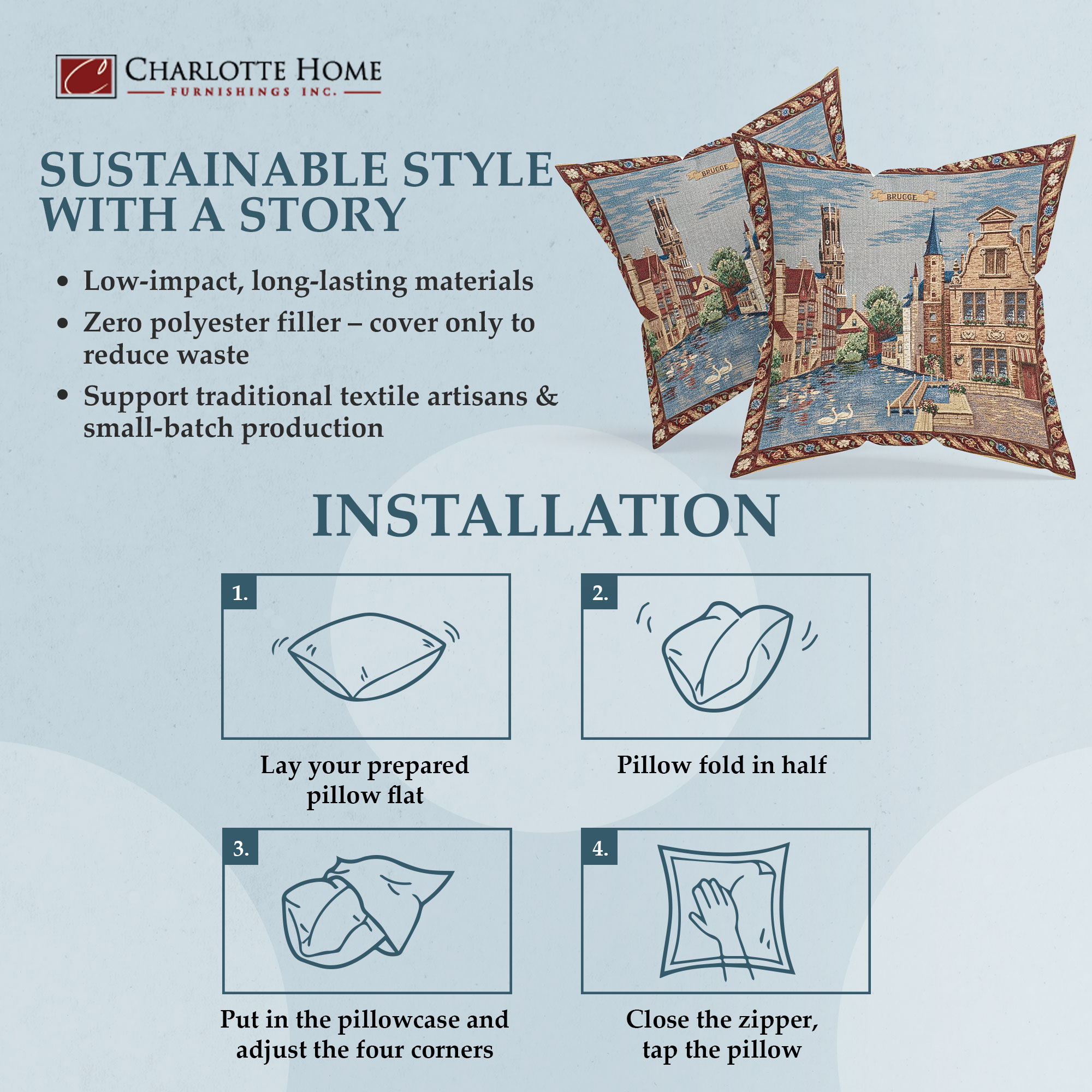 Brugge Rozenhoekaai European Tapestry Pillow Cover 18x18 Inch Cotton Cushion Cover