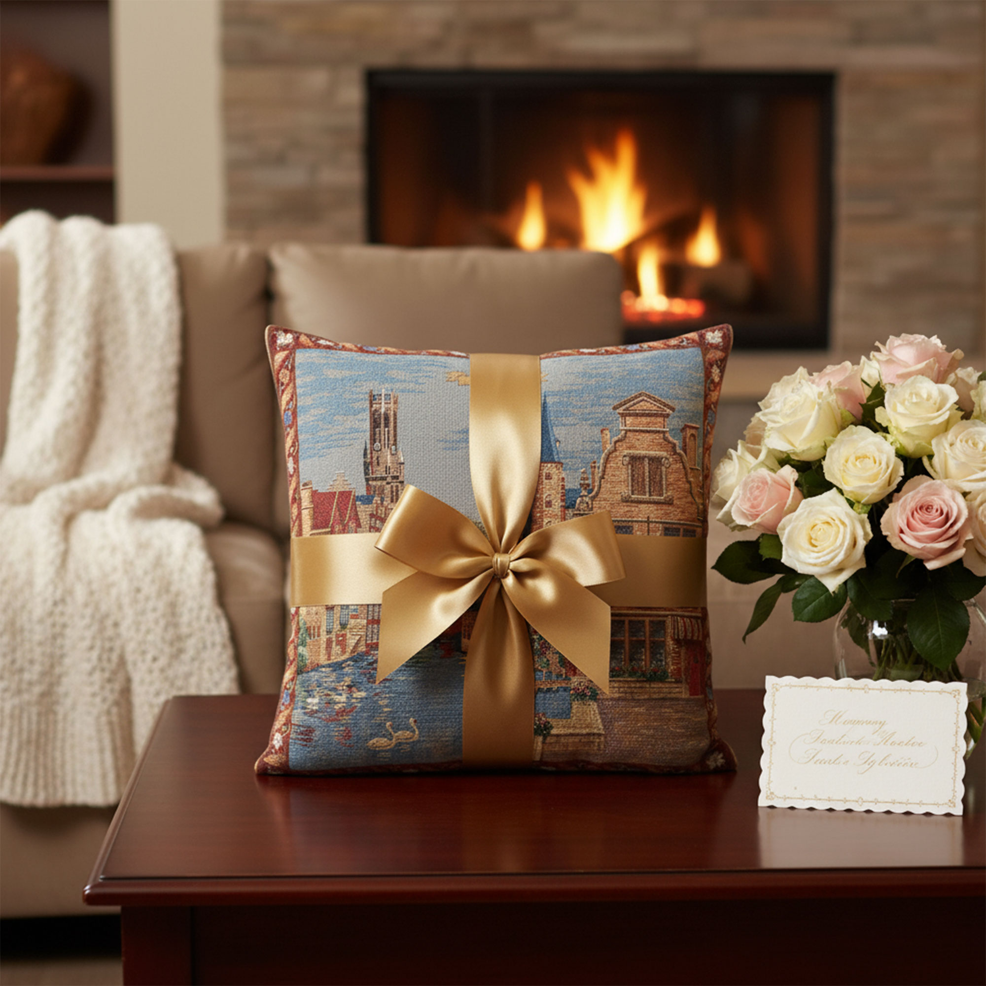 Brugge Rozenhoekaai European Tapestry Pillow Cover 18x18 Inch Cotton Cushion Cover